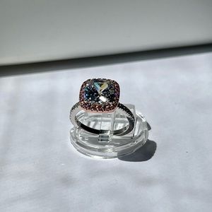 925 Silver Tow Tone Rose Gold plated Cushion Cut Clear & Pink CZ Ring.R7